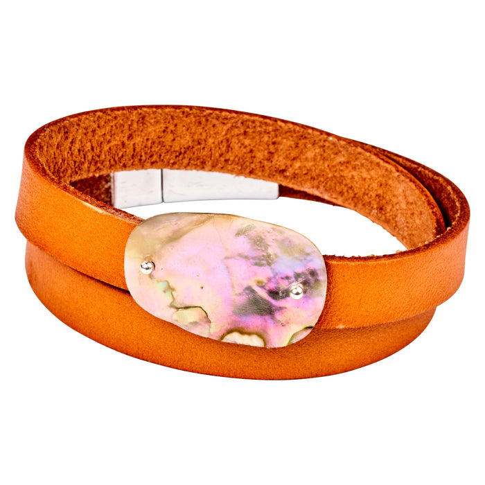 Orange Leather Bracelet with Polished Green Abalone Shell