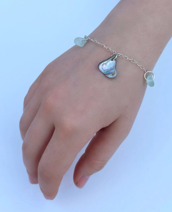 Sterling Silver Bracelet with Sea Glass and Green Abalone