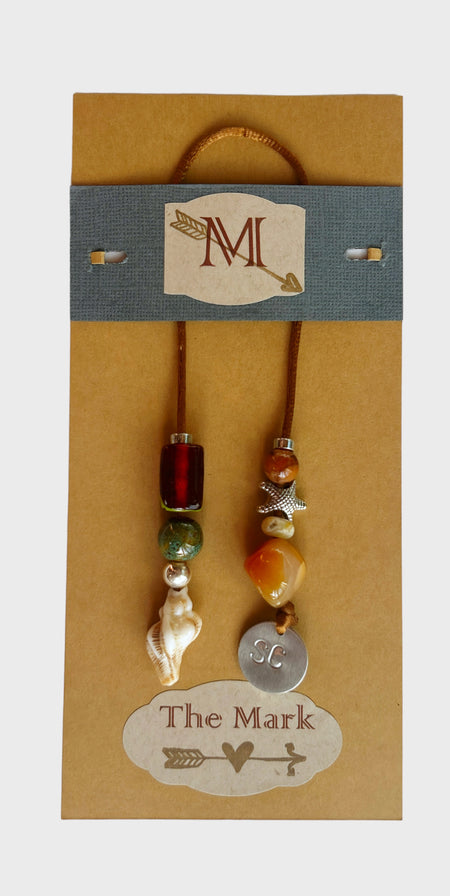 Book Mark - Brown Thread - Red Glass Bead - Agate - Starfish