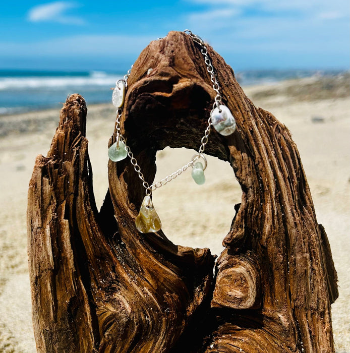 Sterling Silver Bracelet with Sea Glass and Green Abalone