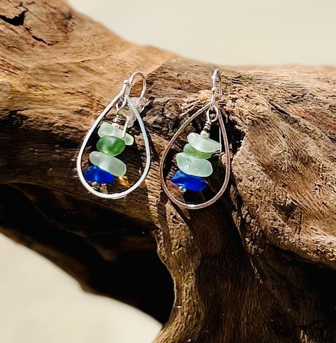 Teardrop Sterling Silver Earrings With Stacked Sea Glass