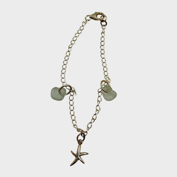 Sterling Silver Bracelet with Sea Glass Pendants and Starfish Charm